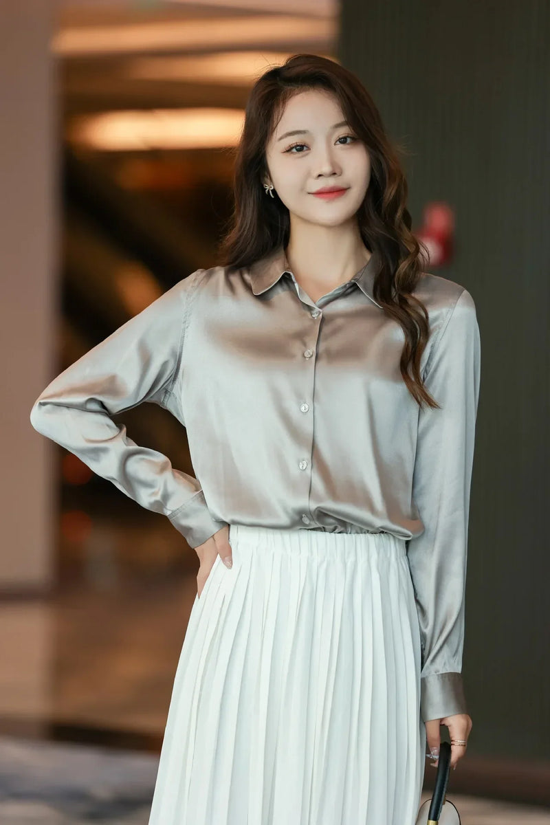 19Momme Silk Long Sleeve Lapel Collar Women's Shirt with Button Up Design