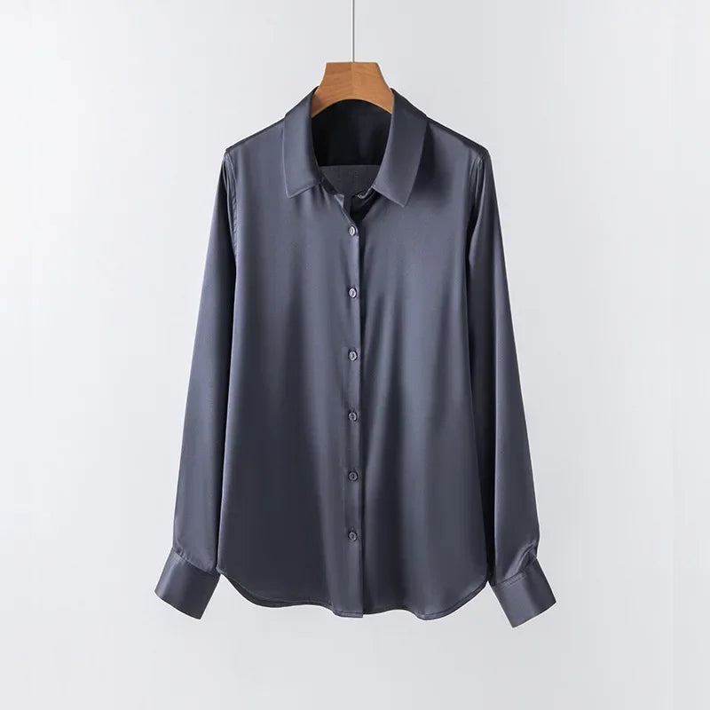19Momme Silk Long Sleeve Lapel Collar Women's Shirt with Button Up Design