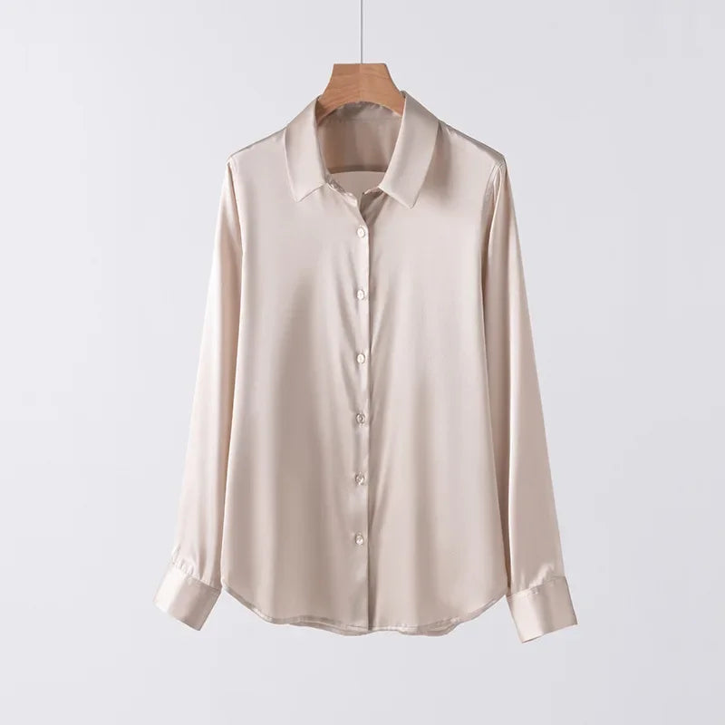 19Momme Silk Long Sleeve Lapel Collar Women's Shirt with Button Up Design