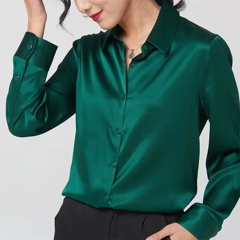 19Momme Silk Long Sleeve Lapel Collar Women's Shirt with Button Up Design