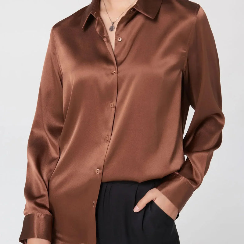 19Momme Silk Long Sleeve Lapel Collar Women's Shirt with Button Up Design