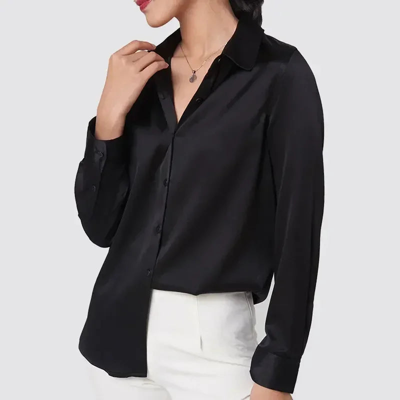 19Momme Silk Long Sleeve Lapel Collar Women's Shirt with Button Up Design