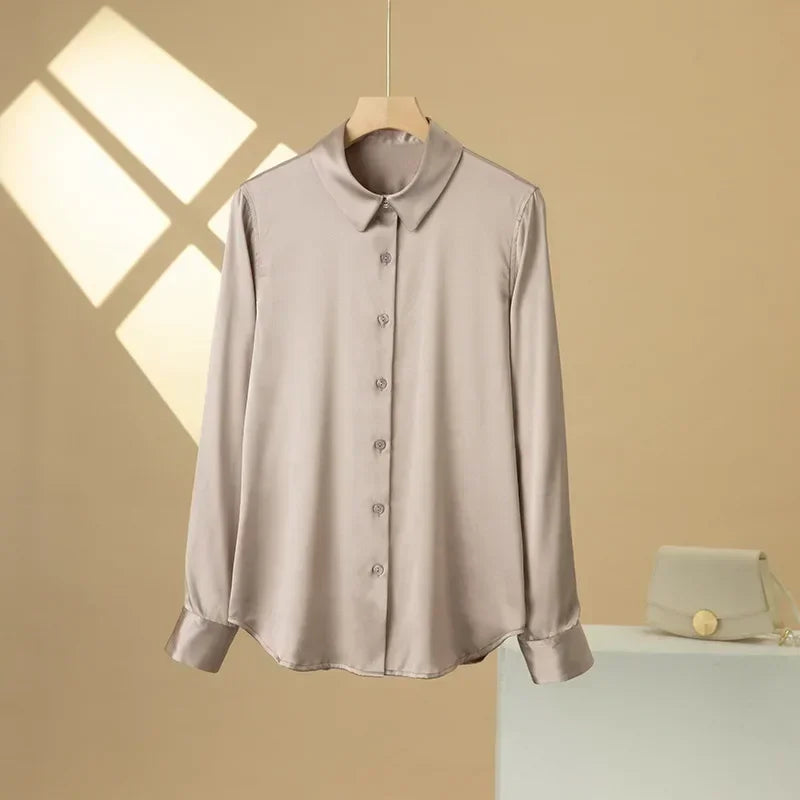 19Momme Silk Long Sleeve Lapel Collar Women's Shirt with Button Up Design