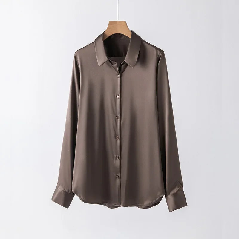 19Momme Silk Long Sleeve Lapel Collar Women's Shirt with Button Up Design