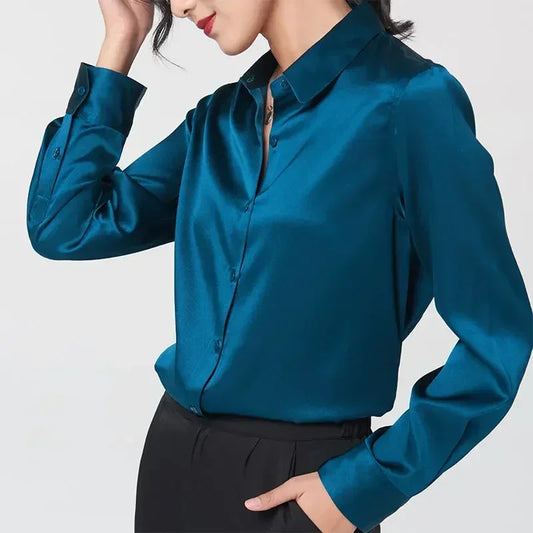 19Momme Silk Long Sleeve Lapel Collar Women's Shirt with Button Up Design