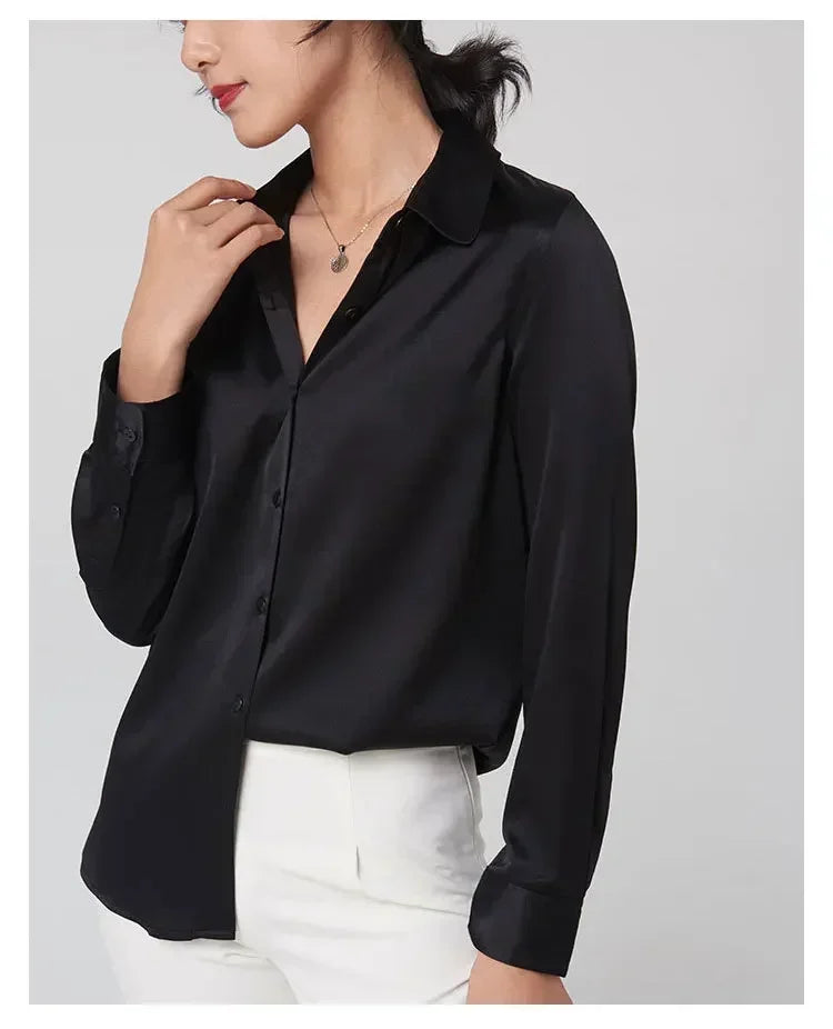 19Momme Silk Long Sleeve Lapel Collar Women's Shirt with Button Up Design