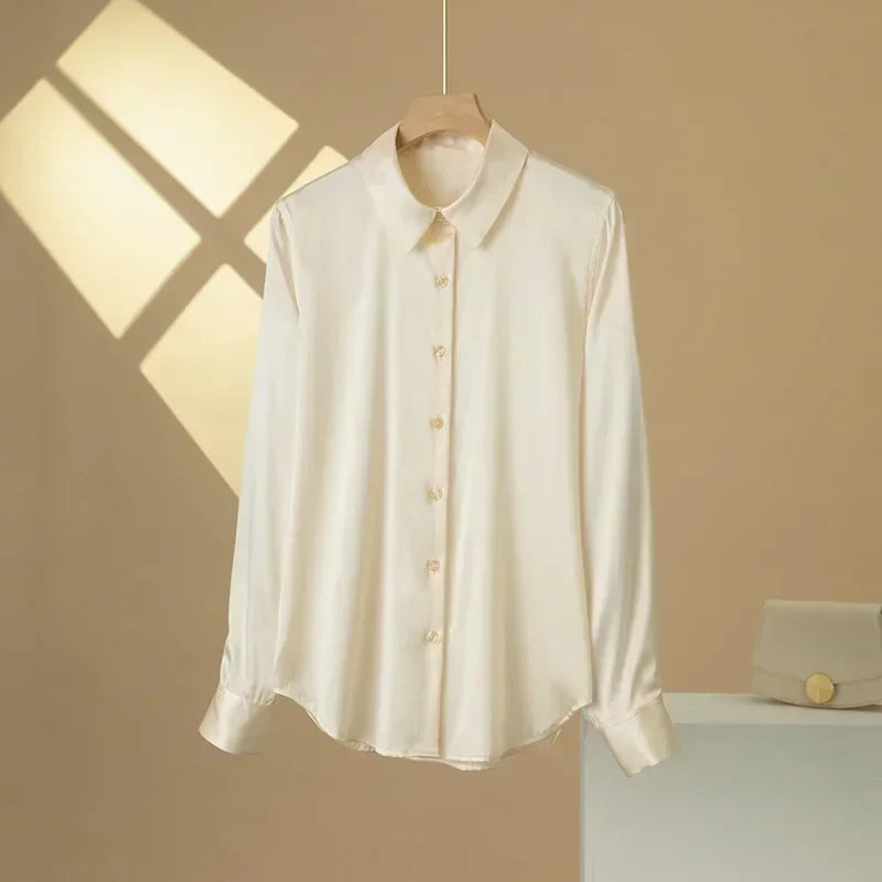 19Momme Silk Long Sleeve Lapel Collar Women's Shirt with Button Up Design