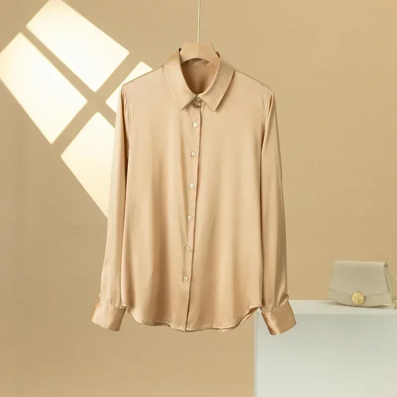 19Momme Silk Long Sleeve Lapel Collar Women's Shirt with Button Up Design